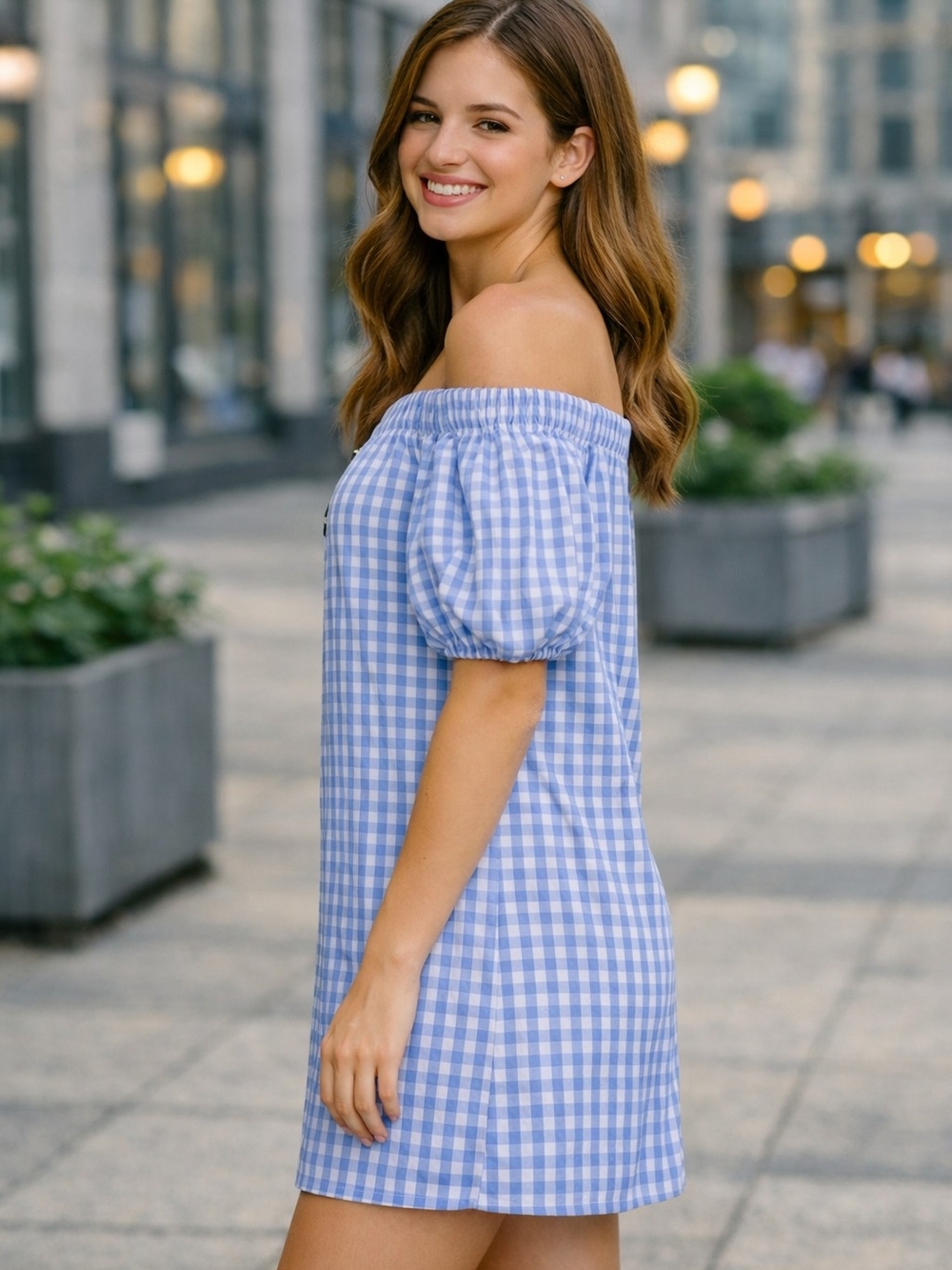 Off-Shoulder Gingham Mini Dress in Light Blue
